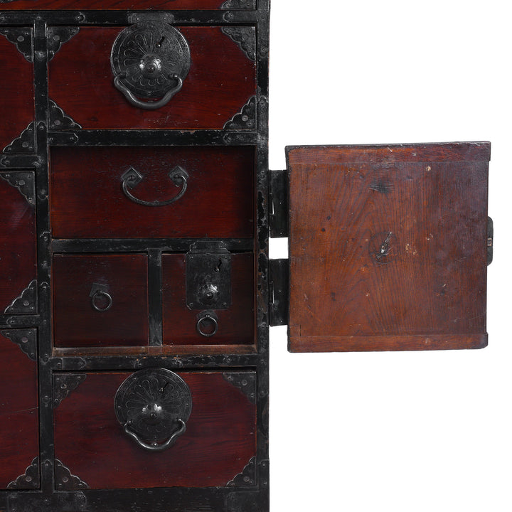 Compartment Detail From 19th Century Edo Period Japanese Kasane Isho Dansu From Sendai With Nine Drawers And Distinctive Hand Forged Ironwork | Indigo Antiques