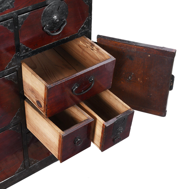 Small Drawers Detail From 19th Century Edo Period Japanese Kasane Isho Dansu From Sendai With Nine Drawers And Distinctive Hand Forged Ironwork | Indigo Antiques
