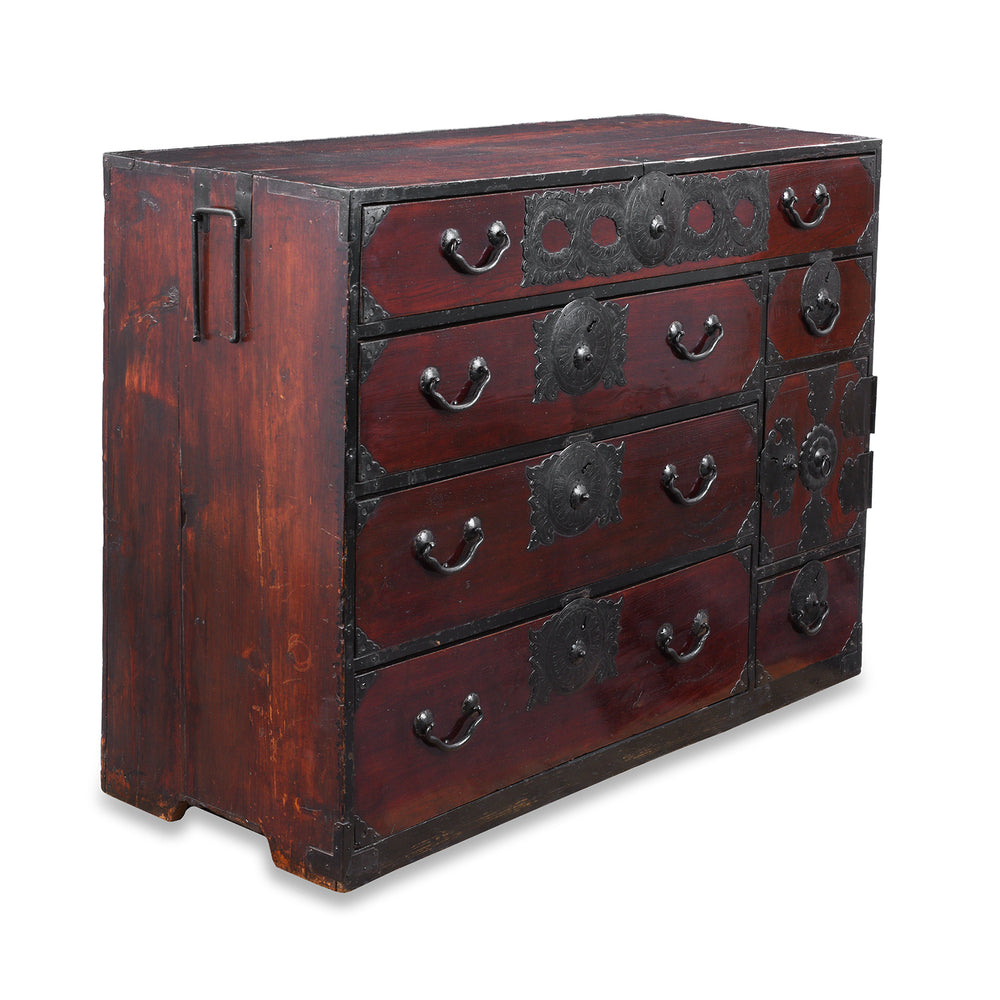 Angled View Of 19th Century Meiji Period Japanese Isho Dansu From Sendai With Karakusa Ironwork, Nine Drawers And Distinctive Hand Forged Ironwork | Indigo Antiques