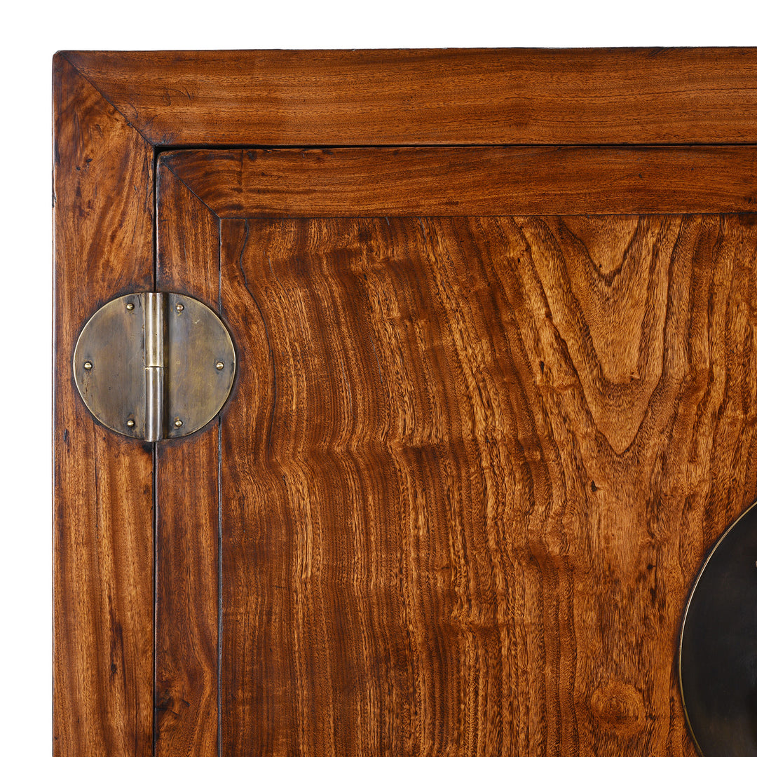 Corner Detail From Large Nineteenth Century Elm Compound Cabinet From Tianjin With Metal Hinges And Black Lacquered Interior | Indigo Antiques