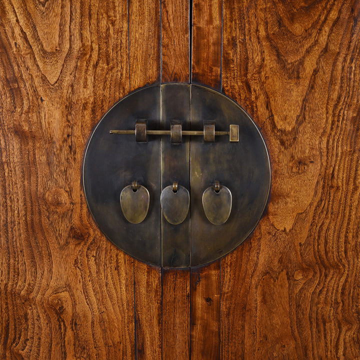 Locking Plate Detail From Large Nineteenth Century Elm Compound Cabinet From Tianjin With Metal Hinges And Black Lacquered Interior | Indigo Antiques