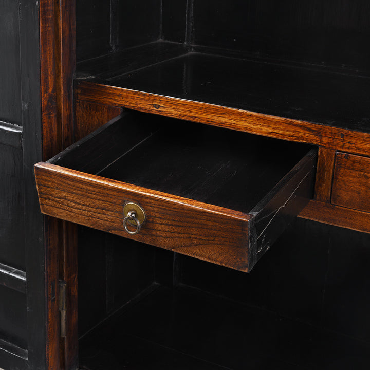 Drawer Detail From Large Nineteenth Century Elm Compound Cabinet From Tianjin With Metal Hinges And Black Lacquered Interior | Indigo Antiques
