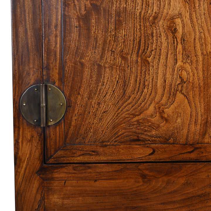 Hinge Detail From Large Nineteenth Century Elm Compound Cabinet From Tianjin With Metal Hinges And Black Lacquered Interior | Indigo Antiques