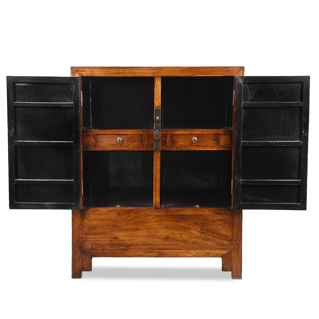 Open Doors VIew Of Large Nineteenth Century Elm Compound Cabinet From Tianjin With Metal Hinges And Black Lacquered Interior | Indigo Antiques