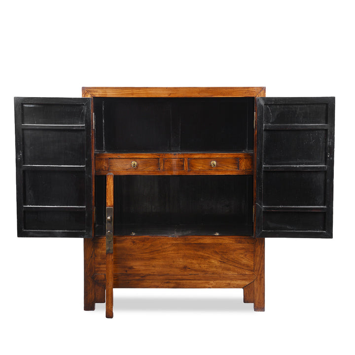 Central Panel Removed View Of Large Nineteenth Century Elm Compound Cabinet From Tianjin With Metal Hinges And Black Lacquered Interior | Indigo Antiques