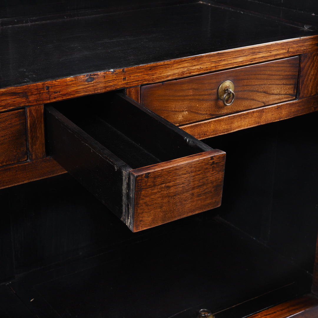 Drawer Detail From Large Nineteenth Century Elm Compound Cabinet From Tianjin With Metal Hinges And Black Lacquered Interior | Indigo Antiques