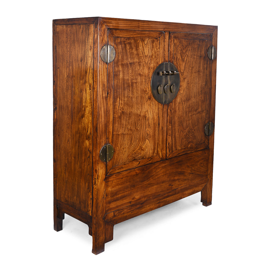 Angled View Of Large Nineteenth Century Elm Compound Cabinet From Tianjin With Metal Hinges And Black Lacquered Interior | Indigo Antiques