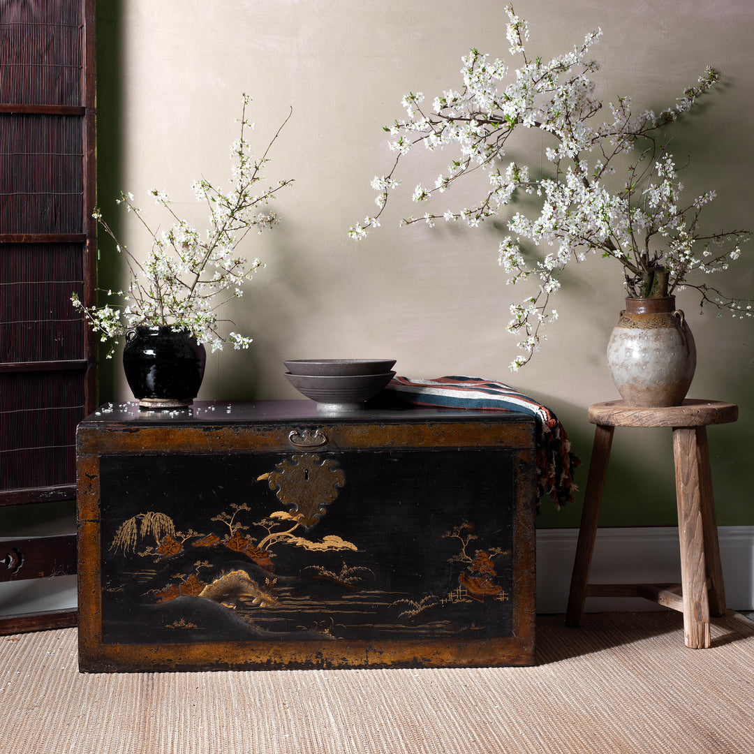 Lifestyle Of Lacquered Oak Japanese Export Chest With Gold Takamaki E Landscape Decoration | Indigo Antiques
