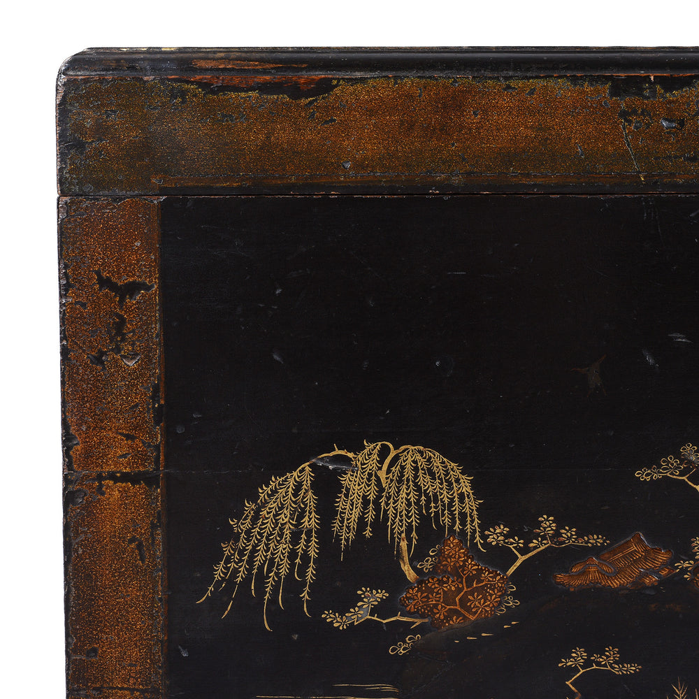 Corner Detail From Lacquered Oak Japanese Export Chest With Gold Takamaki E Landscape Decoration | Indigo Antiques
