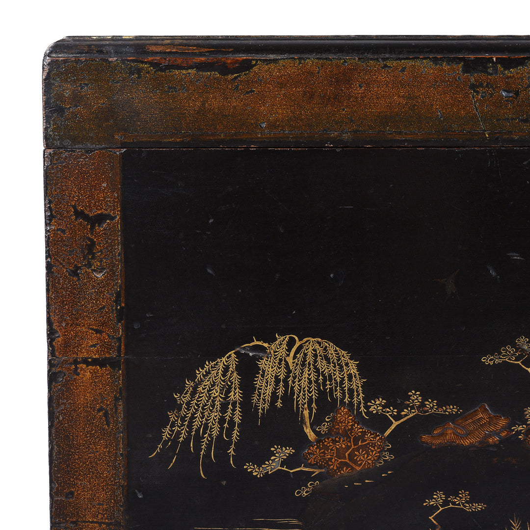 Corner Detail From Lacquered Oak Japanese Export Chest With Gold Takamaki E Landscape Decoration | Indigo Antiques