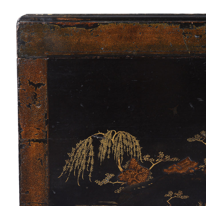Corner Detail From Lacquered Oak Japanese Export Chest With Gold Takamaki E Landscape Decoration | Indigo Antiques