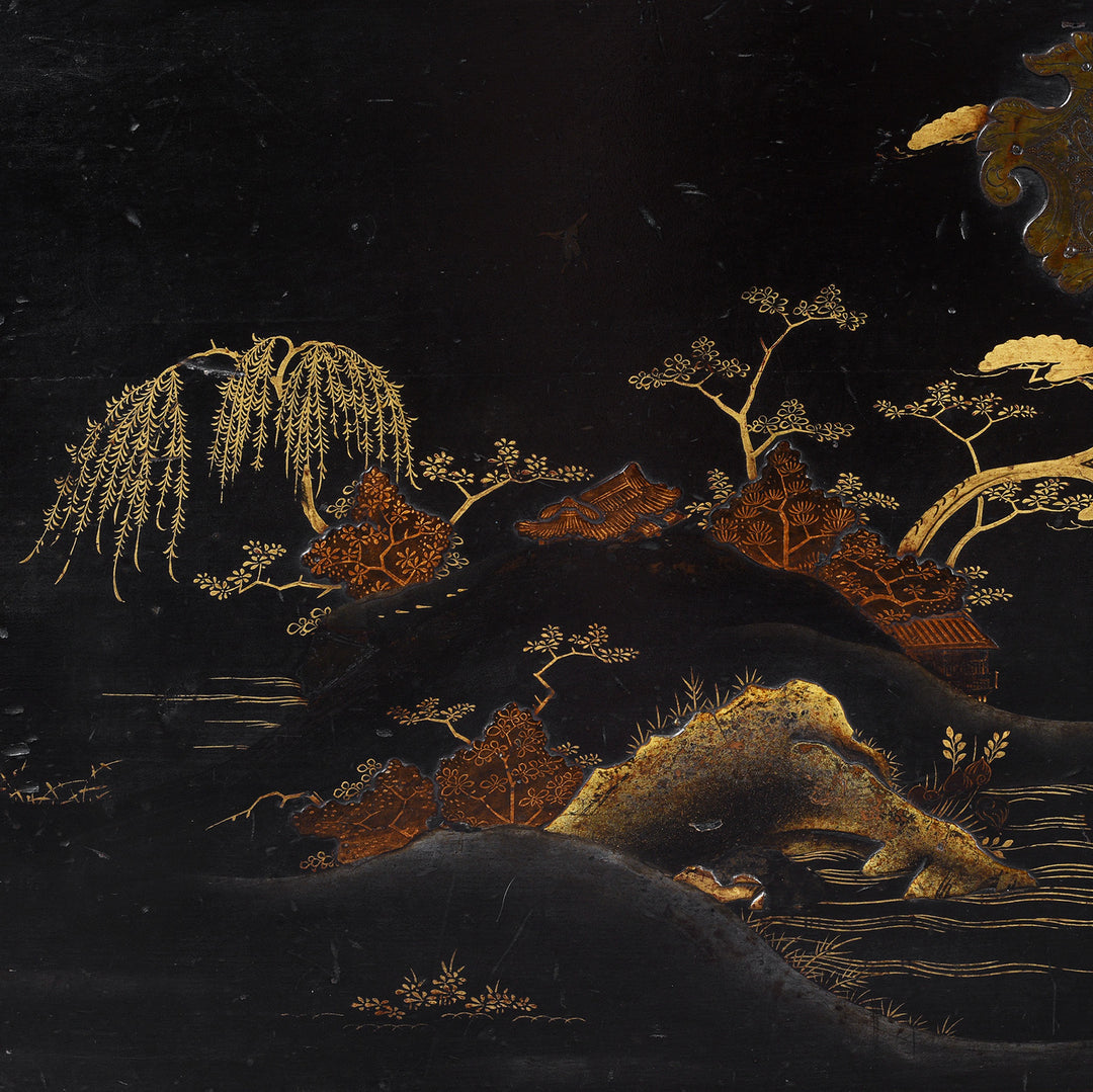 Landscape Artwork Detail From Lacquered Oak Japanese Export Chest With Gold Takamaki E Landscape Decoration | Indigo Antiques