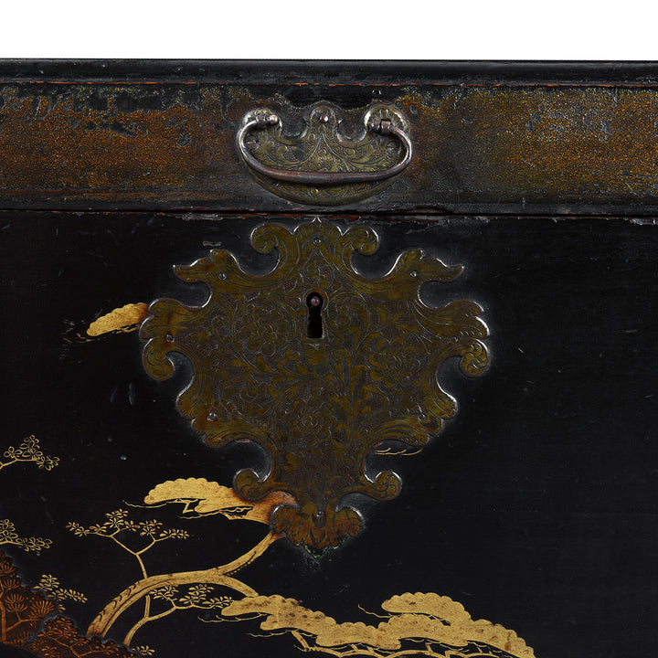 Locking plate Detail From Lacquered Oak Japanese Export Chest With Gold Takamaki E Landscape Decoration | Indigo Antiques