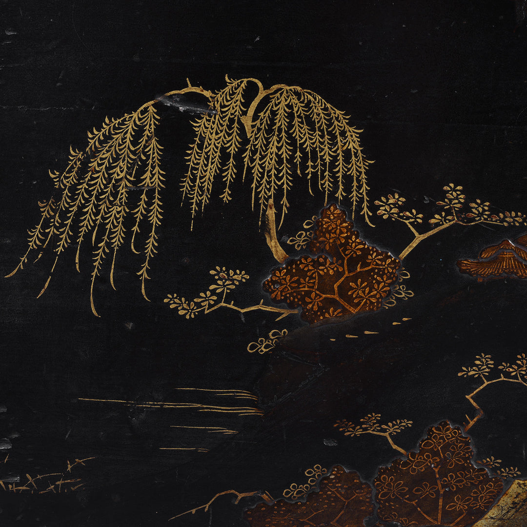 Willow Tree Detail From Lacquered Oak Japanese Export Chest With Gold Takamaki E Landscape Decoration | Indigo Antiques