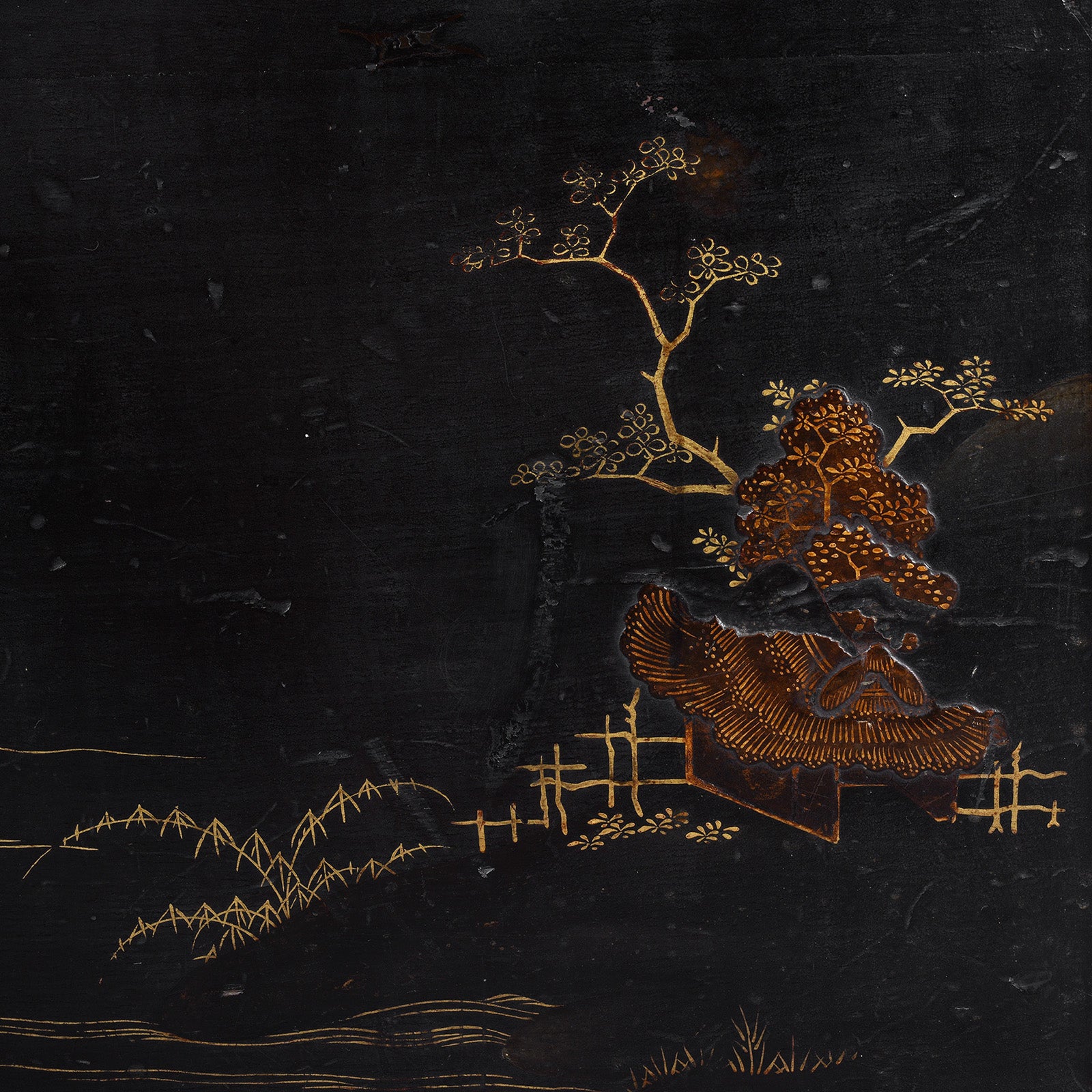 Landscape Detail From Lacquered Oak Japanese Export Chest With Gold Takamaki E Landscape Decoration | Indigo Antiques