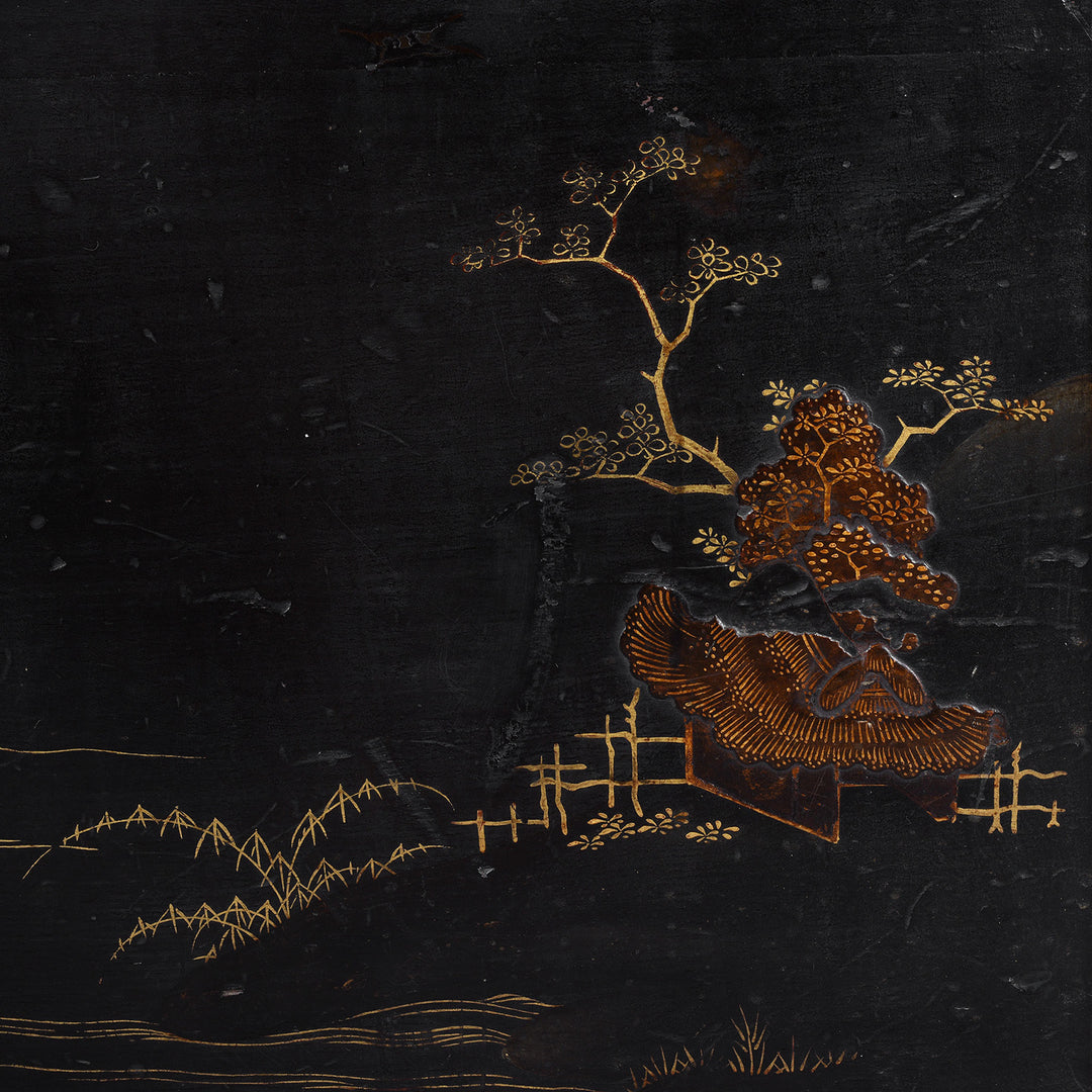 Landscape Detail From Lacquered Oak Japanese Export Chest With Gold Takamaki E Landscape Decoration | Indigo Antiques