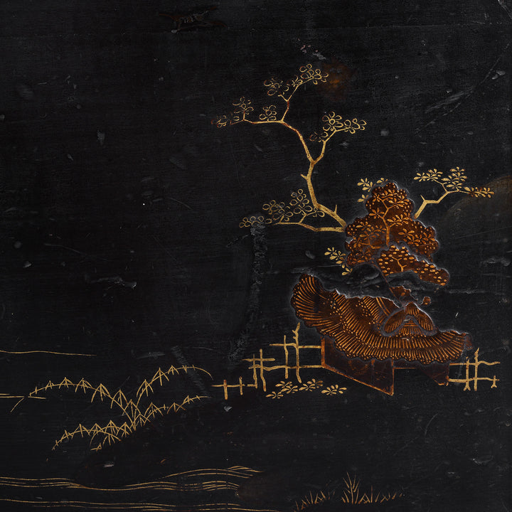 Landscape Detail From Lacquered Oak Japanese Export Chest With Gold Takamaki E Landscape Decoration | Indigo Antiques
