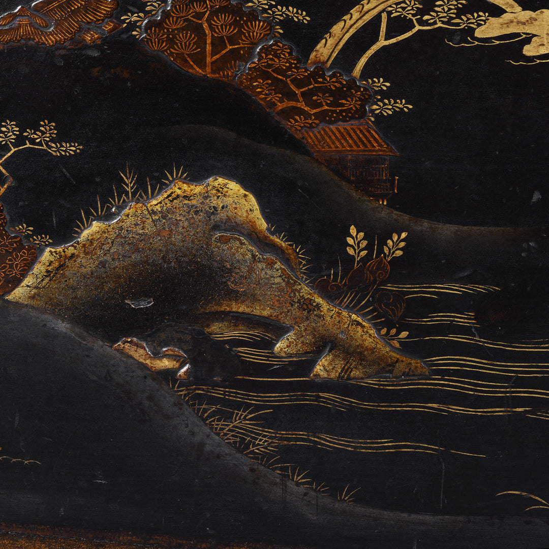 Rocks And Water Artwork Detail From Lacquered Oak Japanese Export Chest With Gold Takamaki E Landscape Decoration | Indigo Antiques