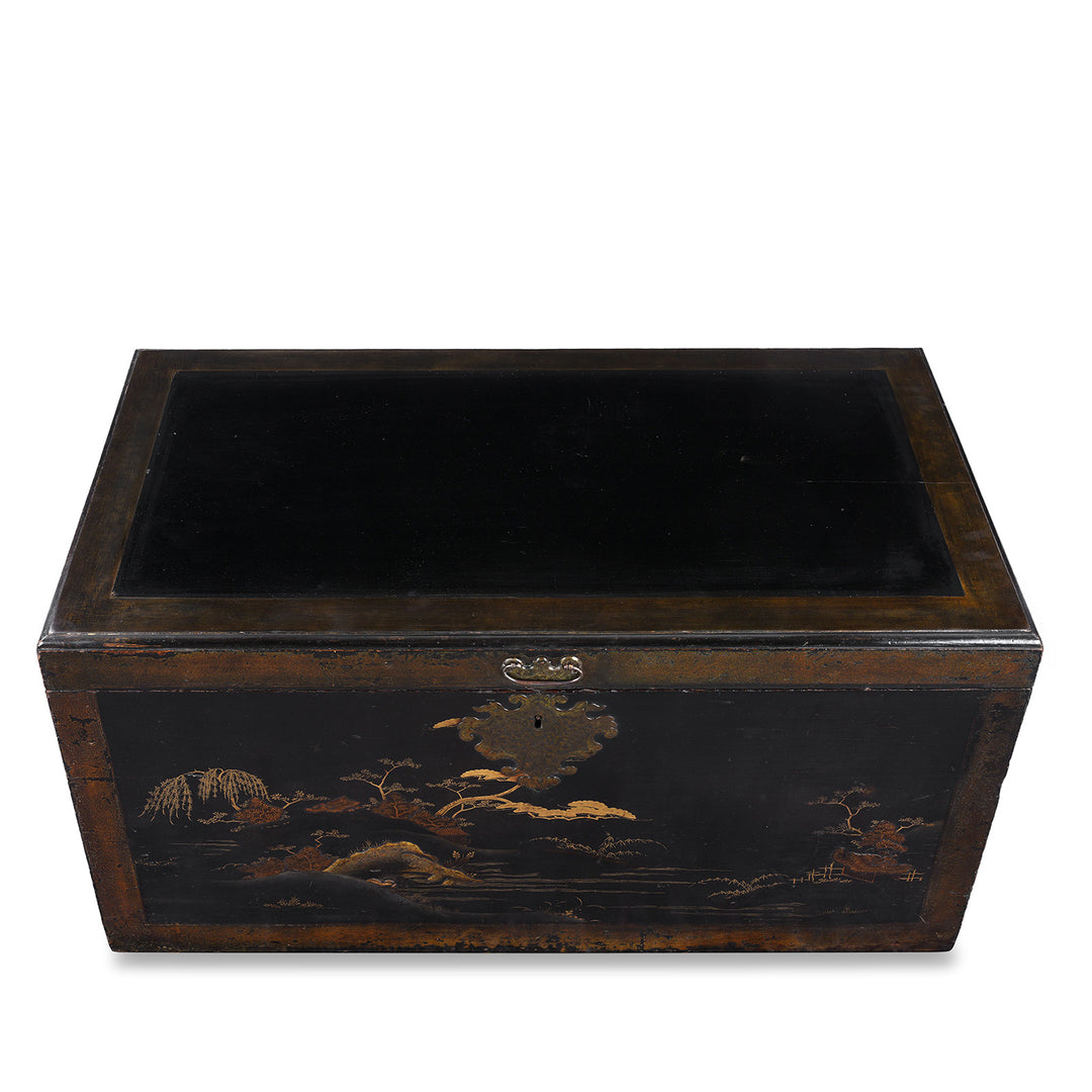 Top Down View Of Lacquered Oak Japanese Export Chest With Gold Takamaki E Landscape Decoration | Indigo Antiques