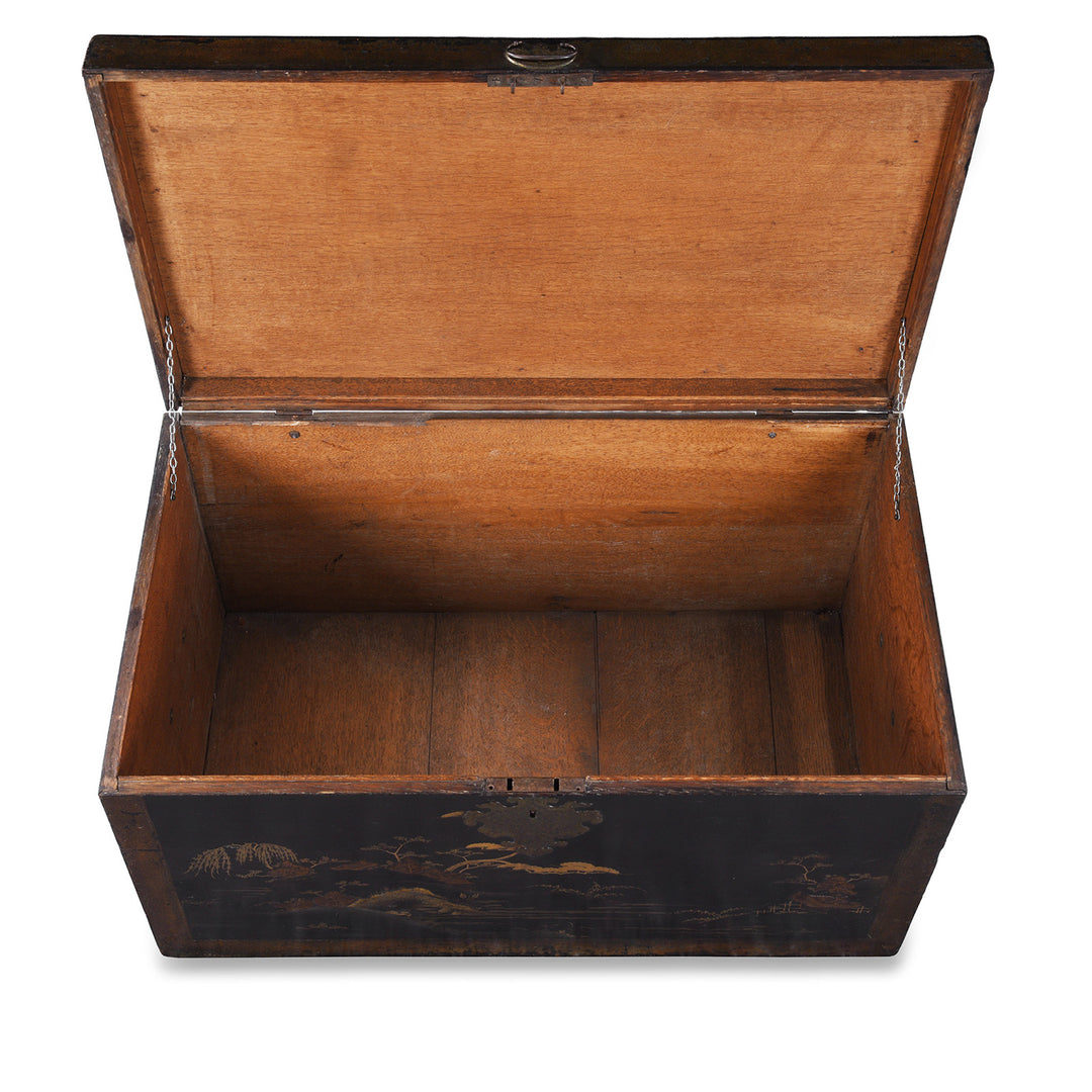 Interior Of Lacquered Oak Japanese Export Chest With Gold Takamaki E Landscape Decoration | Indigo Antiques