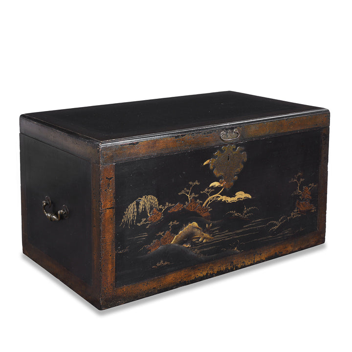 Angled View Of Lacquered Oak Japanese Export Chest With Gold Takamaki E Landscape Decoration | Indigo Antiques