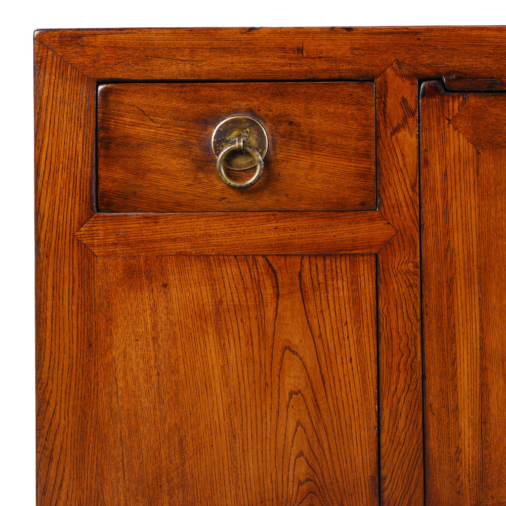 Corner Detail Showing Drawer On Nineteenth Century Elm Shandong Kang Cabinet With Drawers And Brass Fittings