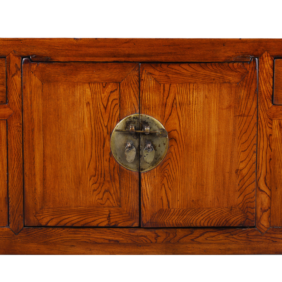Central Doors Detail From Nineteenth Century Elm Shandong Kang Cabinet With Drawers And Brass Fittings