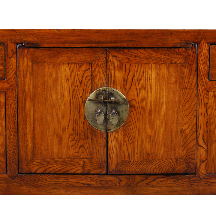 Central Doors Detail From Nineteenth Century Elm Shandong Kang Cabinet With Drawers And Brass Fittings