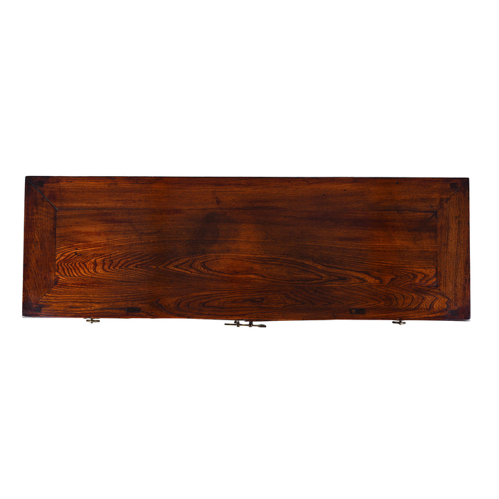 Top Down View of Nineteenth Century Elm Shandong Kang Cabinet With Drawers And Brass Fittings