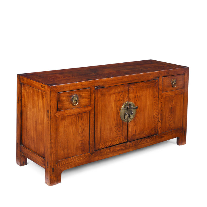 Angled View Of Nineteenth Century Elm Shandong Kang Cabinet With Drawers And Brass Fittings