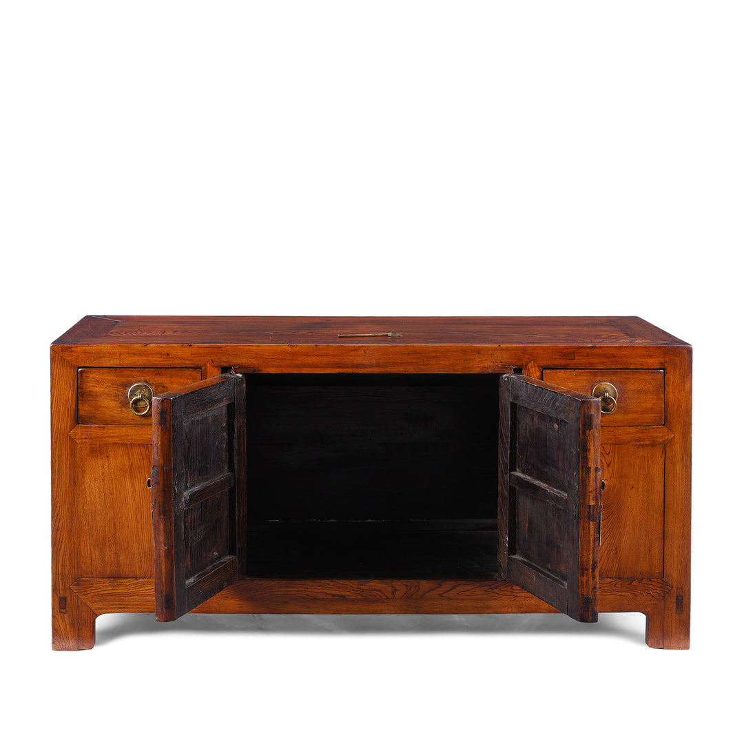 Open Doors View Of Nineteenth Century Elm Shandong Kang Cabinet With Drawers And Brass Fittings