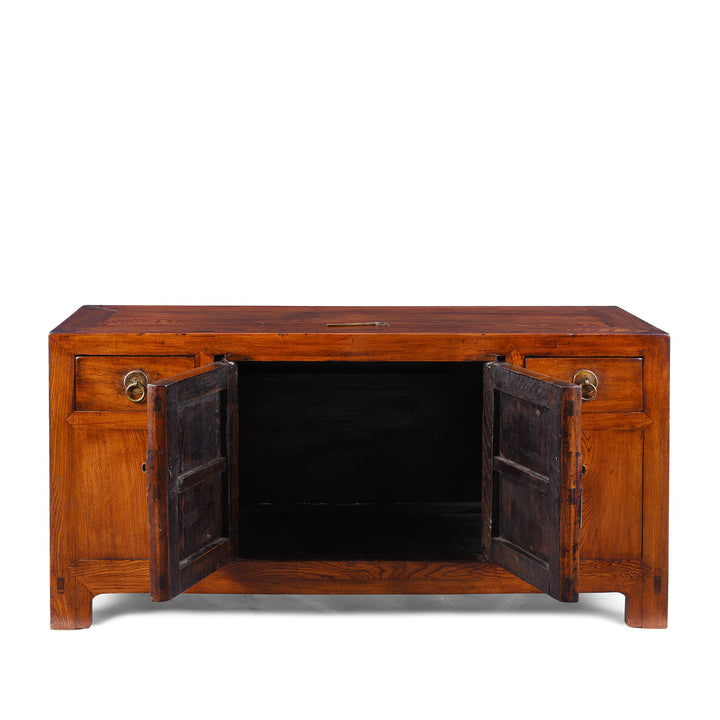 Open Doors View Of Nineteenth Century Elm Shandong Kang Cabinet With Drawers And Brass Fittings