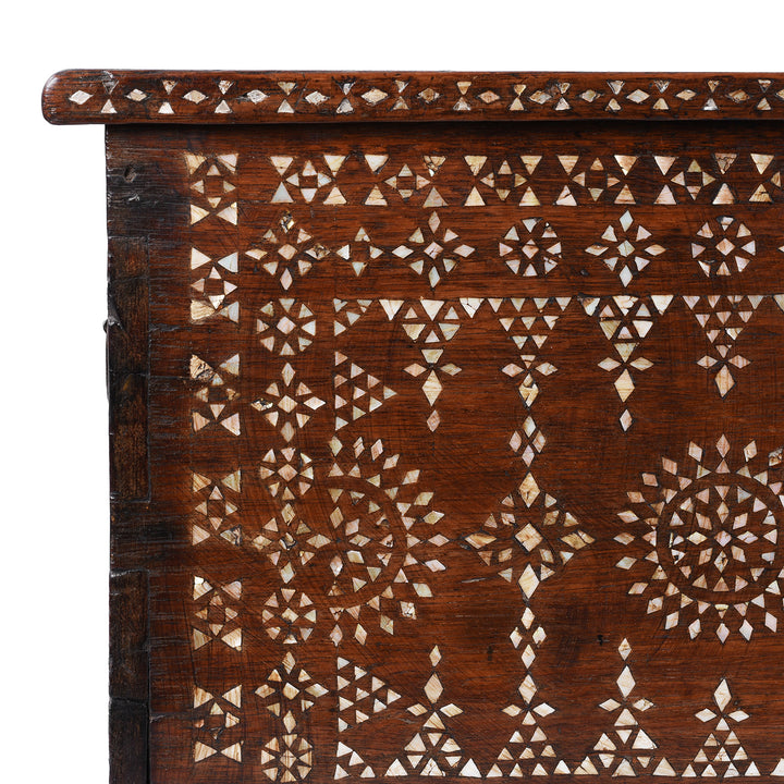 Corner Detail From Antique Indonesian Teak Chest With Mother Of Pearl Inlay And Original Iron Lock Circa 1900 | Indigo Antiques