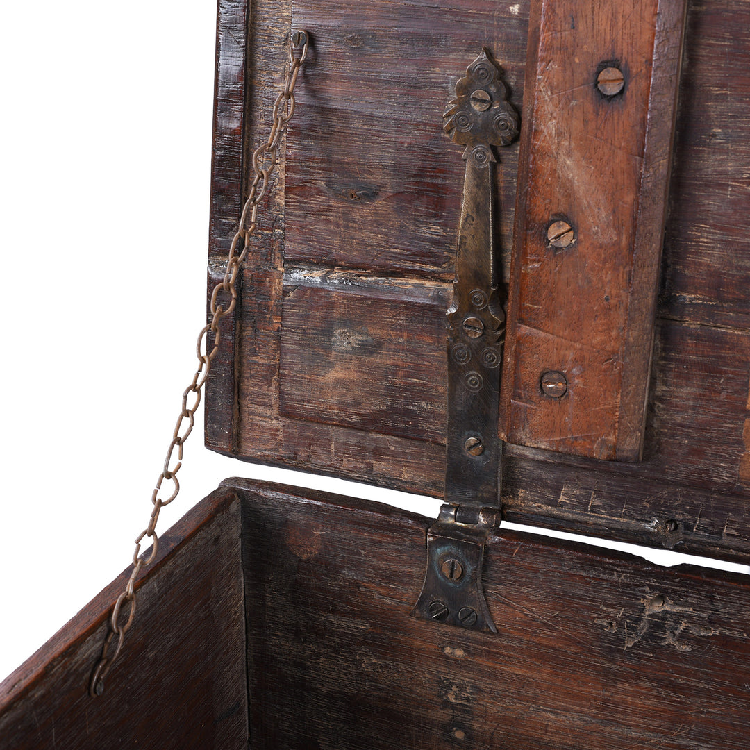Chain Detail From Antique Indonesian Teak Chest With Mother Of Pearl Inlay And Original Iron Lock Circa 1900 | Indigo Antiques