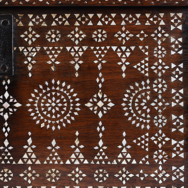 Mother Of Pearl Detail From Antique Indonesian Teak Chest With Mother Of Pearl Inlay And Original Iron Lock Circa 1900 | Indigo Antiques