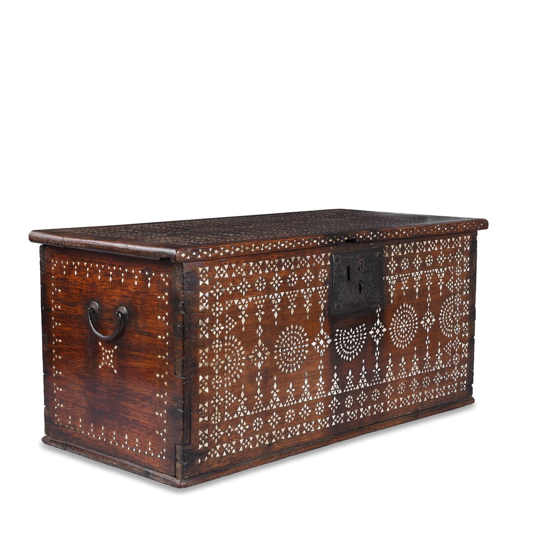 Angled View Of Antique Indonesian Teak Chest With Mother Of Pearl Inlay And Original Iron Lock Circa 1900 | Indigo Antiques