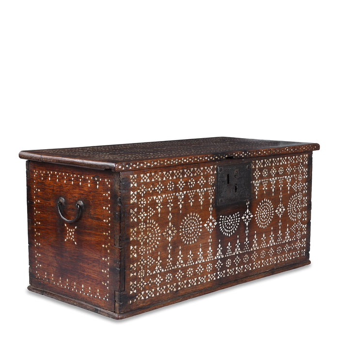 Angled View Of Antique Indonesian Teak Chest With Mother Of Pearl Inlay And Original Iron Lock Circa 1900 | Indigo Antiques