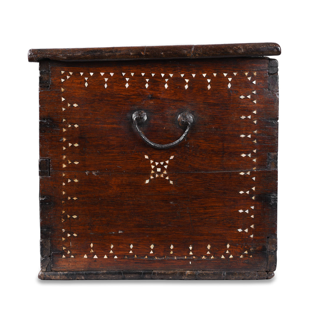 End Detail From Antique Indonesian Teak Chest With Mother Of Pearl Inlay And Original Iron Lock Circa 1900 | Indigo Antiques