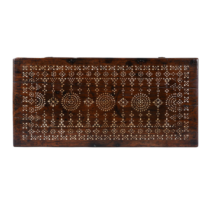 Top Down VIew Of Antique Indonesian Teak Chest With Mother Of Pearl Inlay And Original Iron Lock Circa 1900 | Indigo Antiques