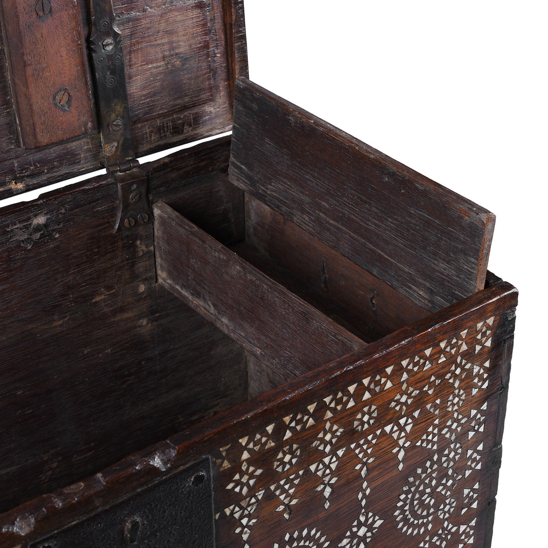 Compartment Detail From Antique Indonesian Teak Chest With Mother Of Pearl Inlay And Original Iron Lock Circa 1900 | Indigo Antiques