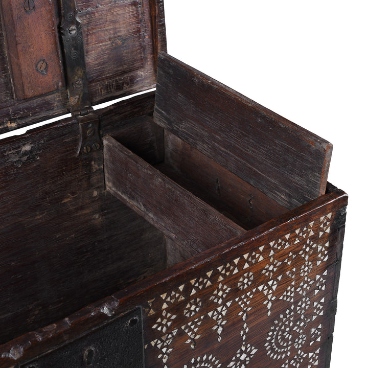 Compartment Detail From Antique Indonesian Teak Chest With Mother Of Pearl Inlay And Original Iron Lock Circa 1900 | Indigo Antiques