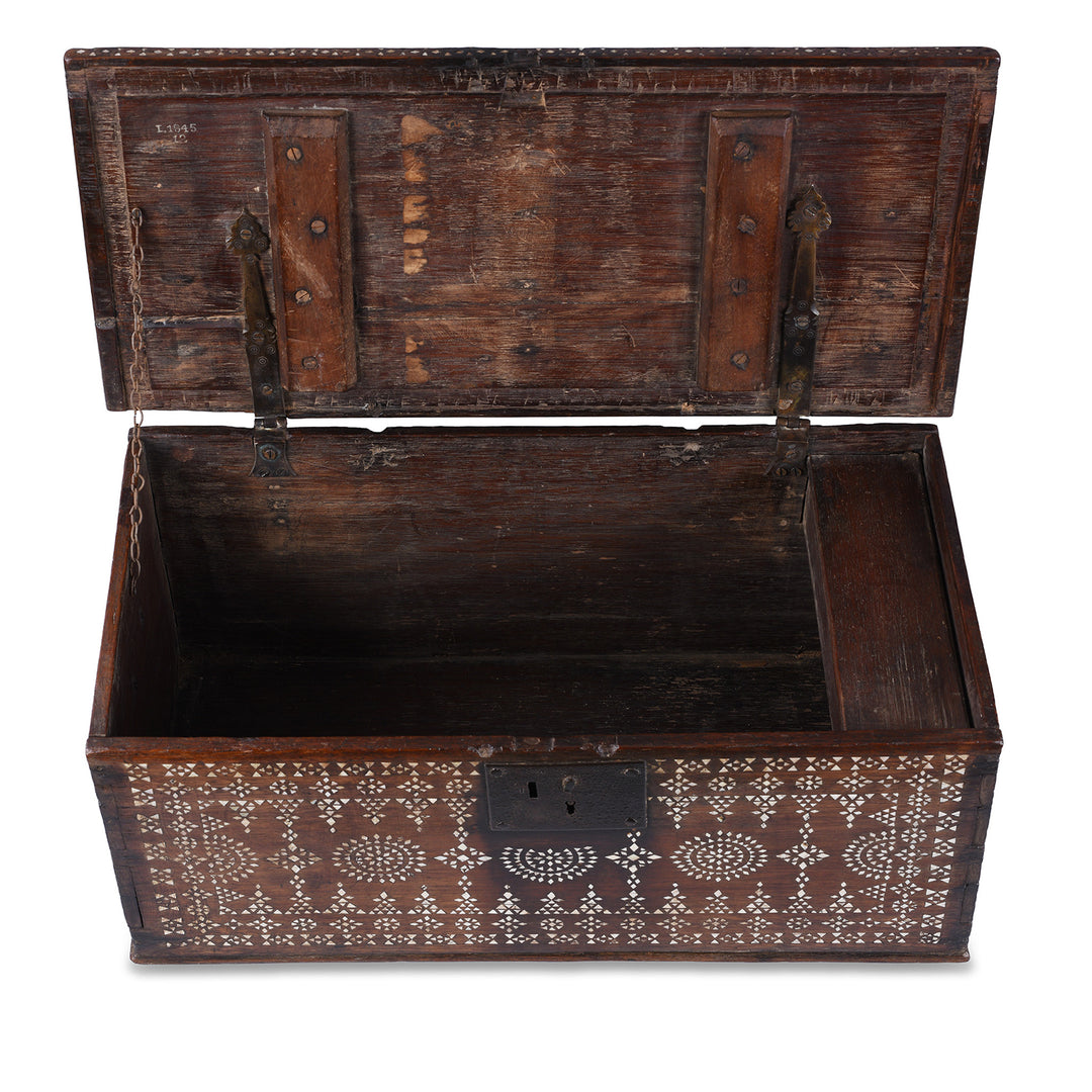 Interior Of Antique Indonesian Teak Chest With Mother Of Pearl Inlay And Original Iron Lock Circa 1900 | Indigo Antiques