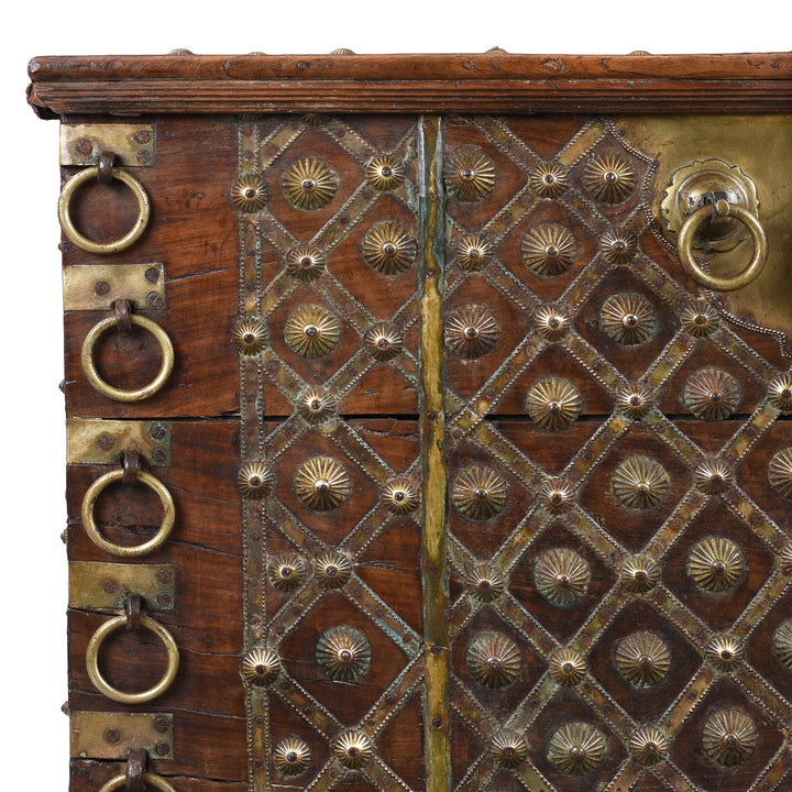 Corner Detail From Brass Bound Rosewood Chest From Gujarat With Studded Brass Decoration And Ring Handles, 19th Century