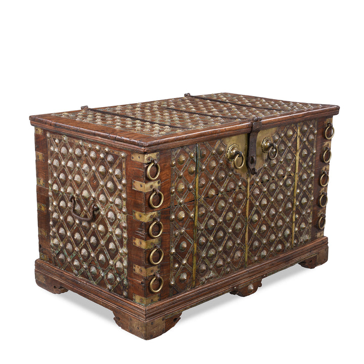 Angled View Of Brass Bound Rosewood Chest From Gujarat With Studded Brass Decoration And Ring Handles, 19th Century