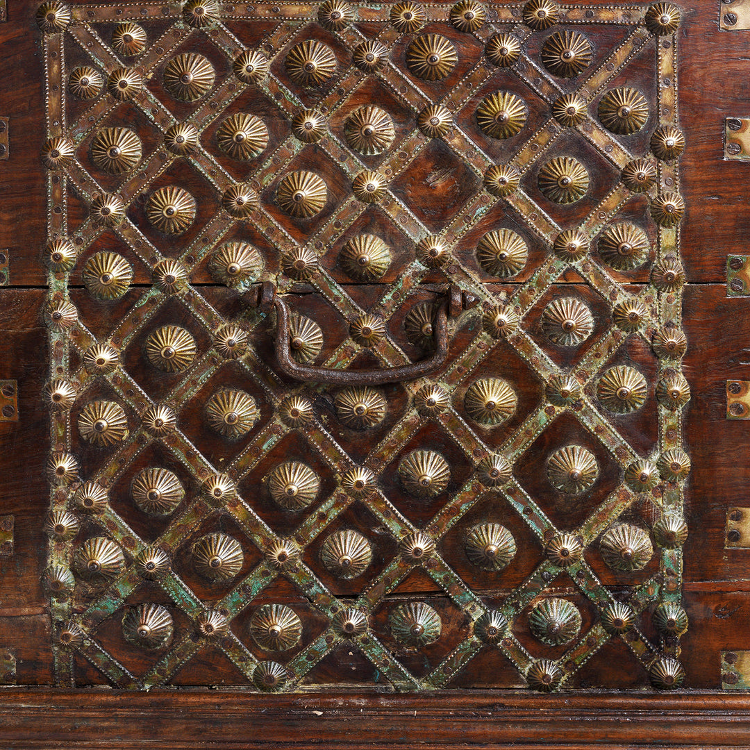 End Detail With Handle From Brass Bound Rosewood Chest From Gujarat With Studded Brass Decoration And Ring Handles, 19th Century