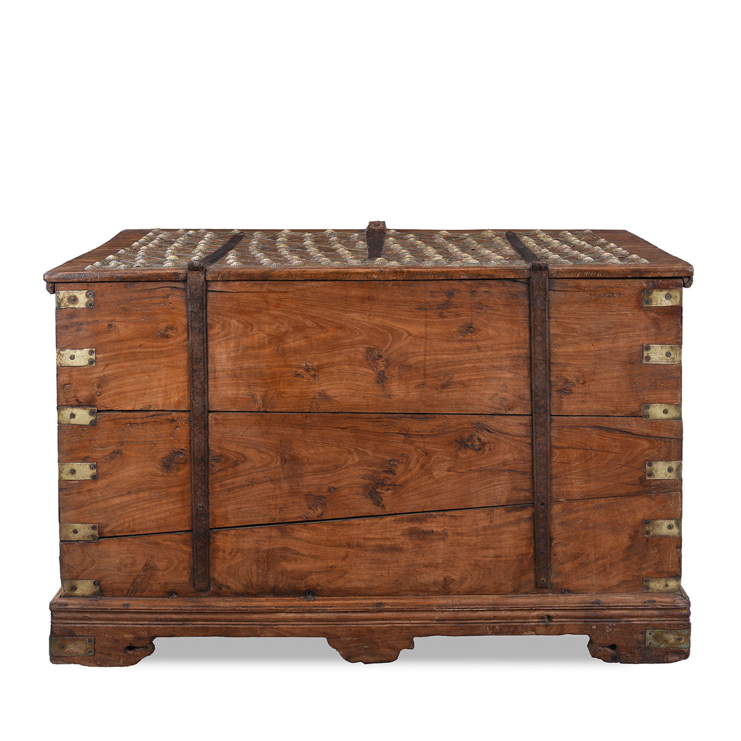 Back Of Brass Bound Rosewood Chest From Gujarat With Studded Brass Decoration And Ring Handles, 19th Century