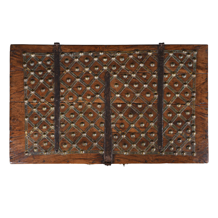 Top Down View Of Brass Bound Rosewood Chest From Gujarat With Studded Brass Decoration And Ring Handles, 19th Century