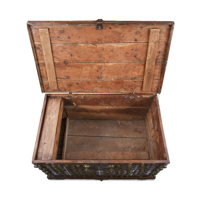Interior Of Brass Bound Rosewood Chest From Gujarat With Studded Brass Decoration And Ring Handles, 19th Century