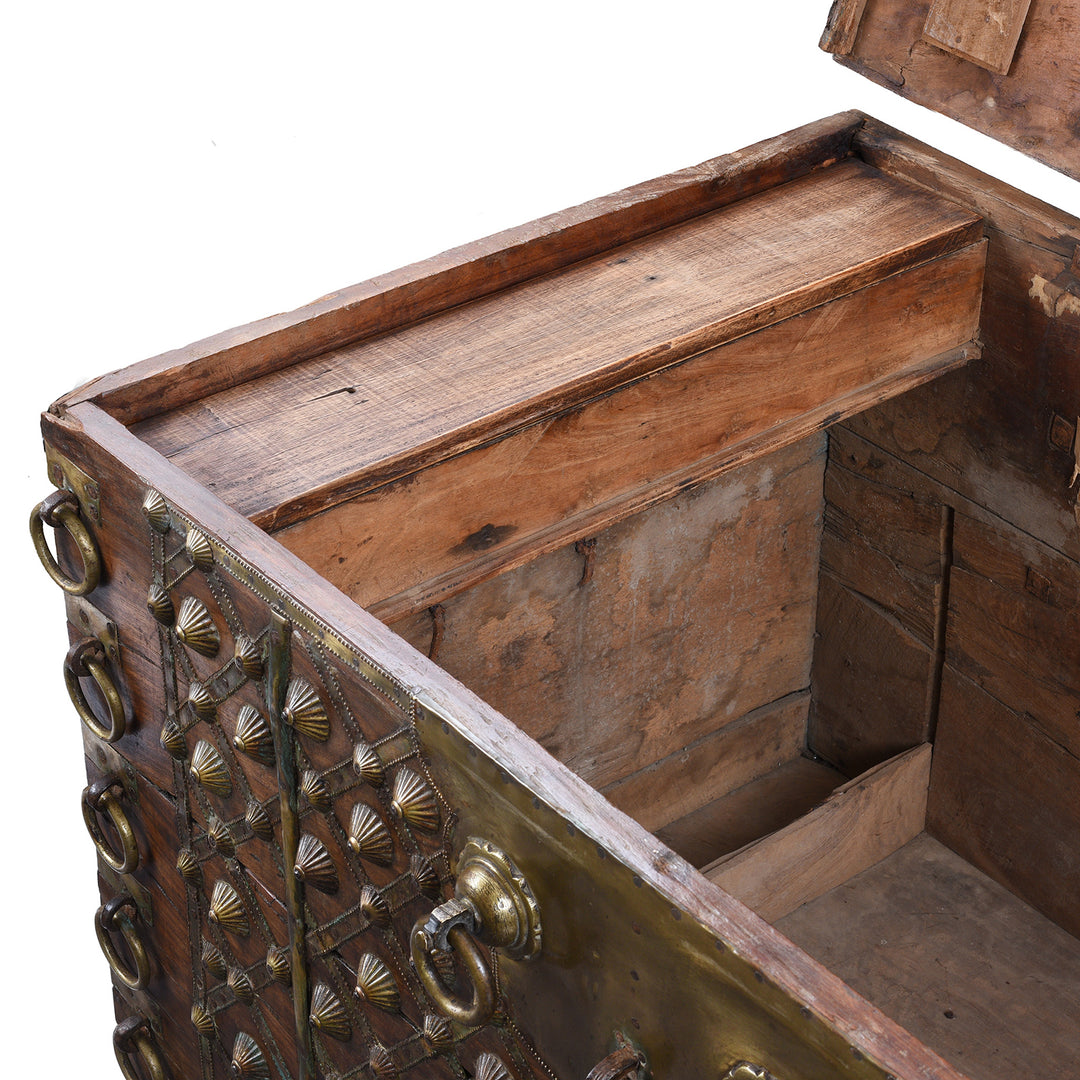 Candle Box Detail From Brass Bound Rosewood Chest From Gujarat With Studded Brass Decoration And Ring Handles, 19th Century