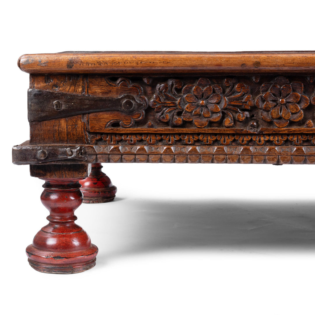Corner And Leg Detail From Bijou Antique Gujarati Takhat Coffee Table In Carved Teak | Indigo Antiques